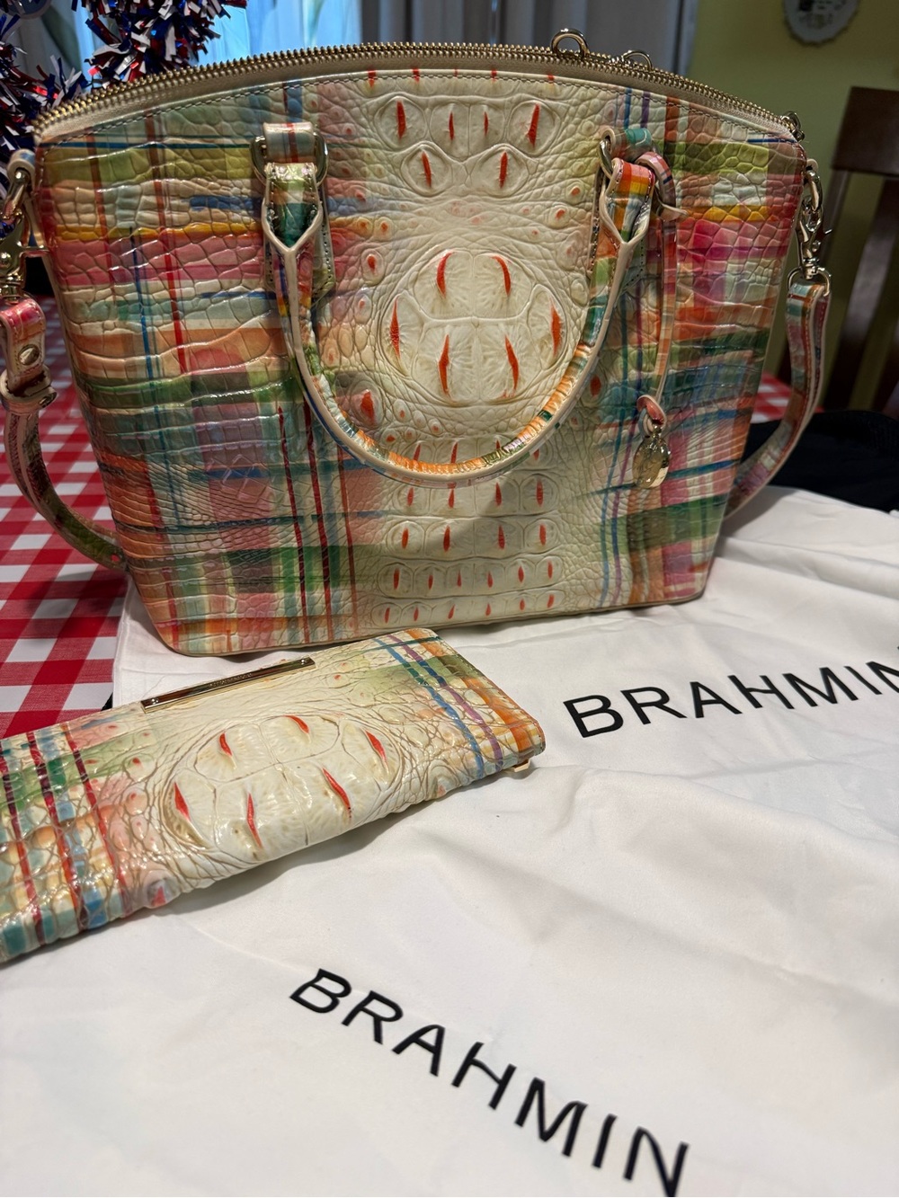 Brahmin Cream Multicolor Plaid Croc-Embossed Satchel